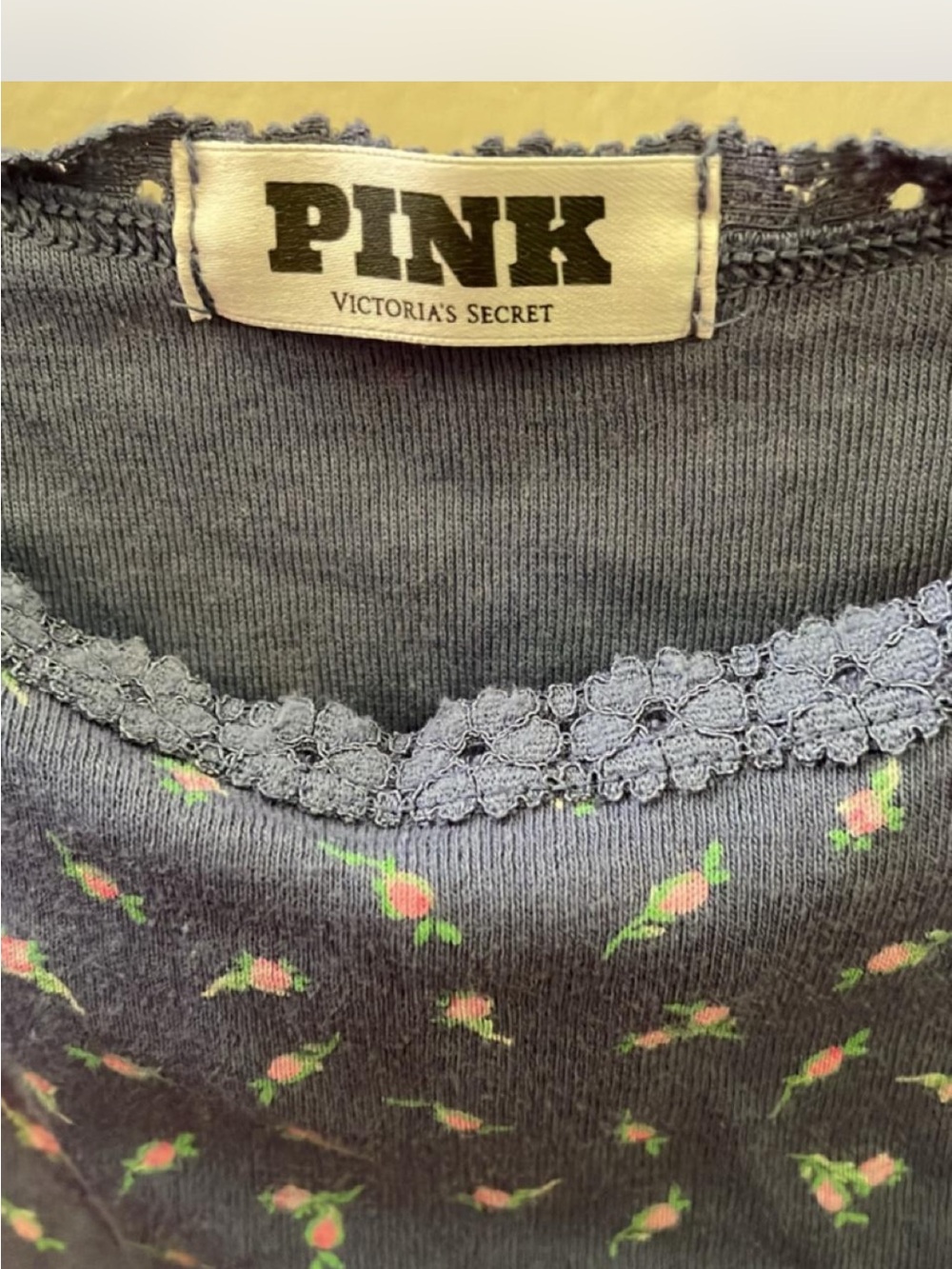 PINK Victoria's Secret Navy Crewneck Sweater with Pink & Green Floral Print